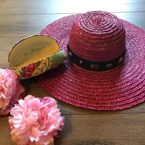 •Rue 21• Pink Straw Wide Brim Hat with Beaded trim